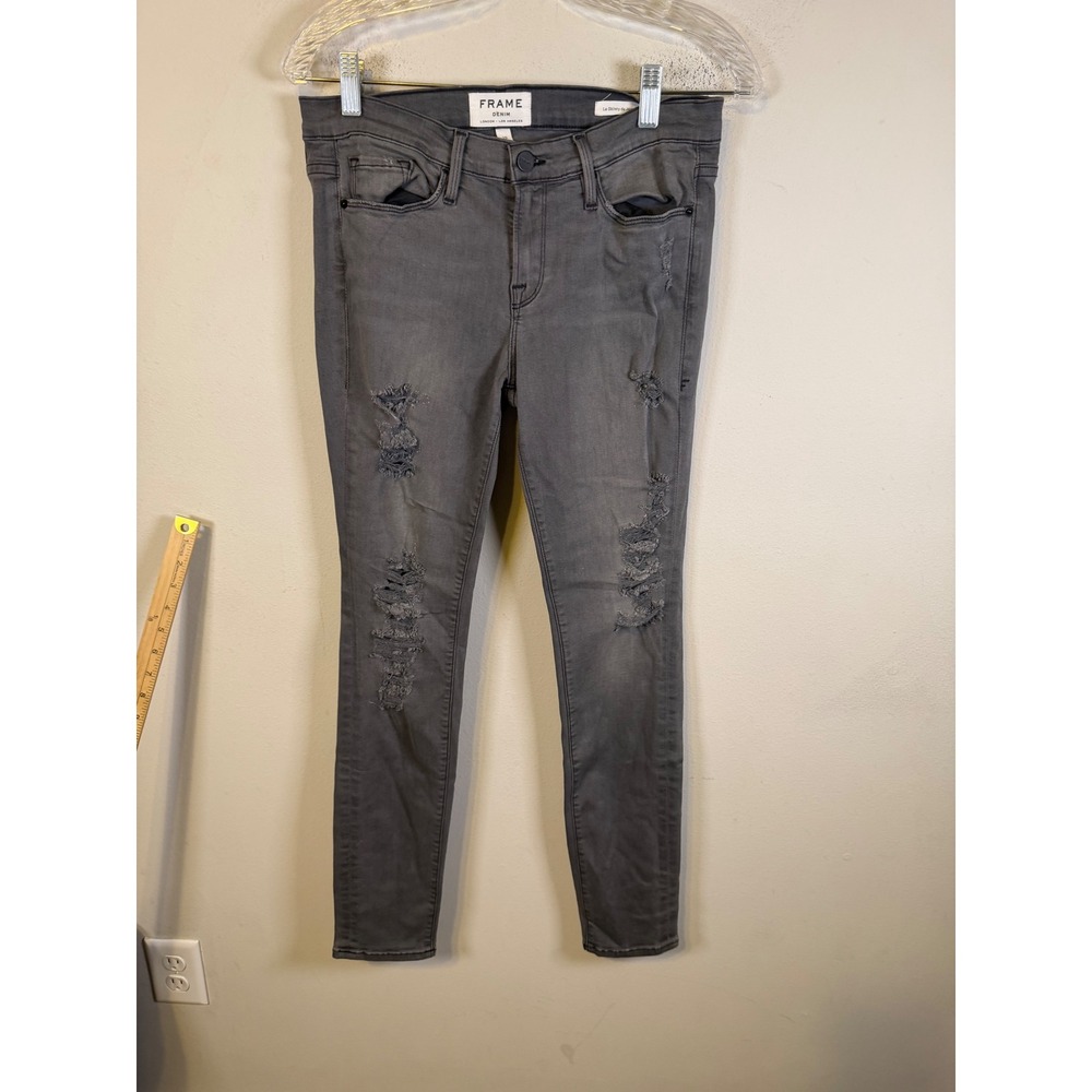 FRAME Womens Le Skinny de Jeanne Distressed Jeans Grey Shred 29